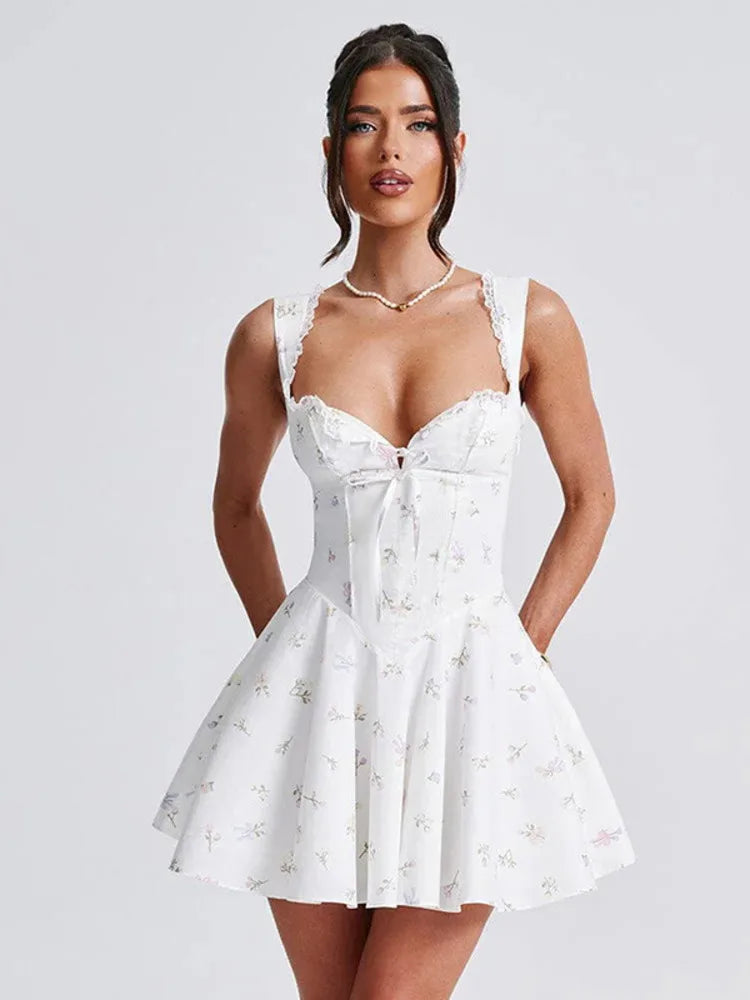 Sleeveless Deep V Backless Pleated Dress Hip Skirt Bodycon Slim Fit Printed Lace Dress