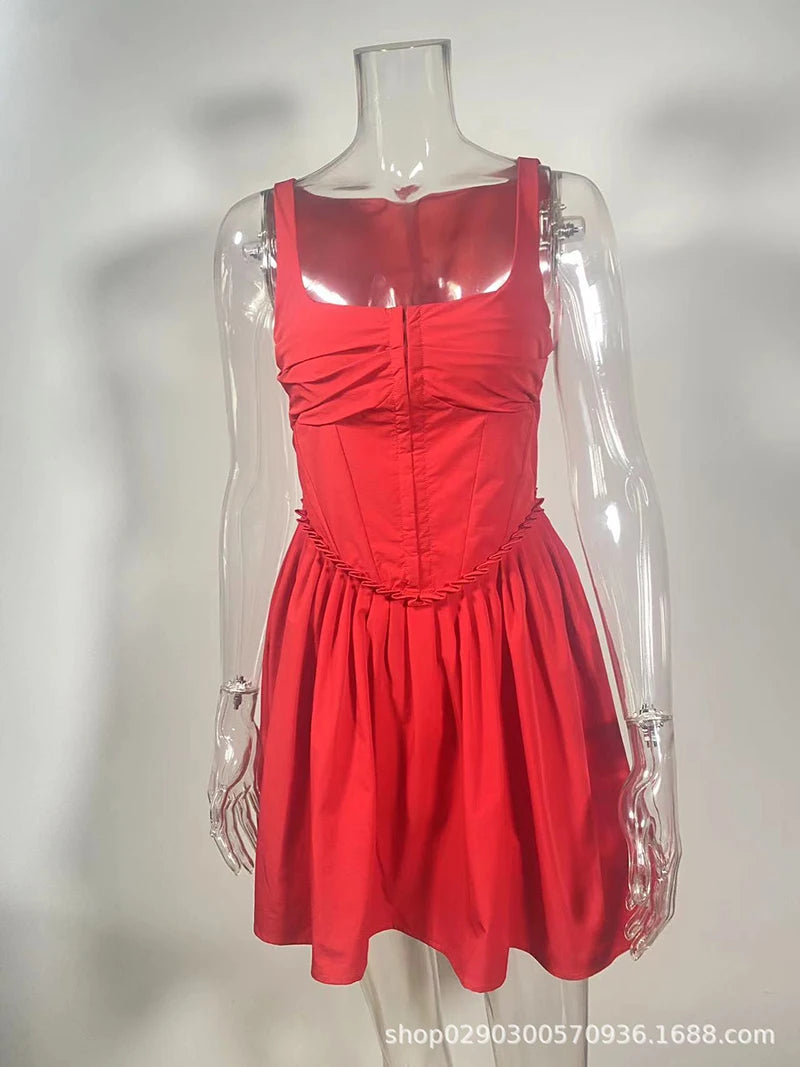 Red Sleeveless Mini Dress Square Collar Backless Corset Dress A-line Dress