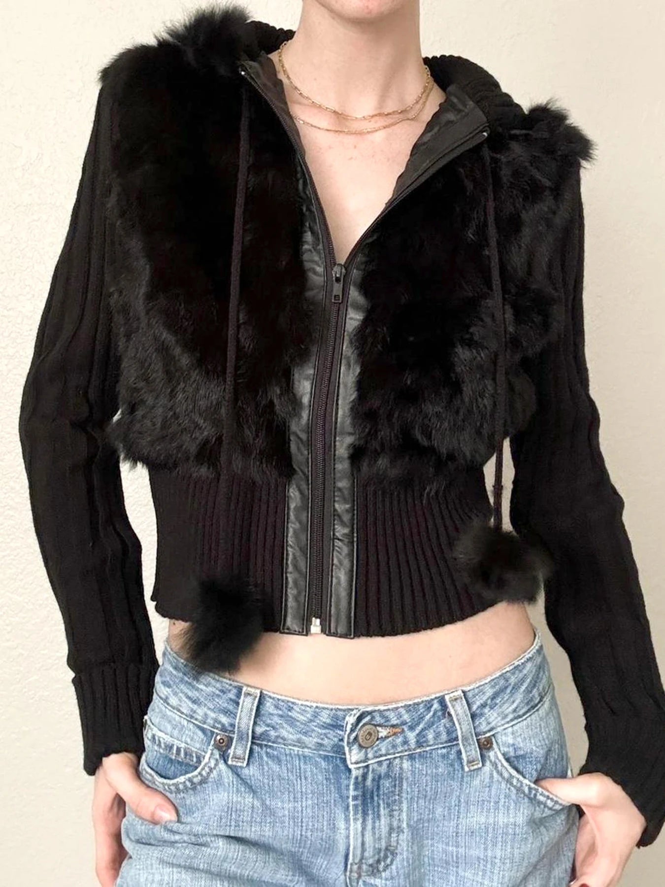 Zip Up Fur Patchwork Drawstring Hoodie Coats 's Jackets