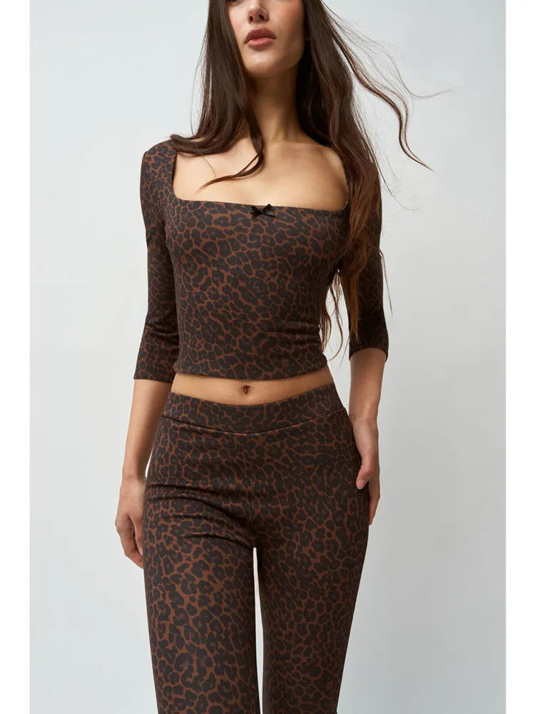 Square Neck Long Sleeved Leopard Top Cropped Pants Tight Set Two-piece Set