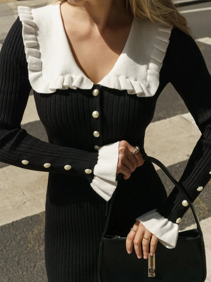 Ruffled Patchwork Knit Maxi Dress Ribbed Long Sleeve Dress Gown Slim Knit Long Dress