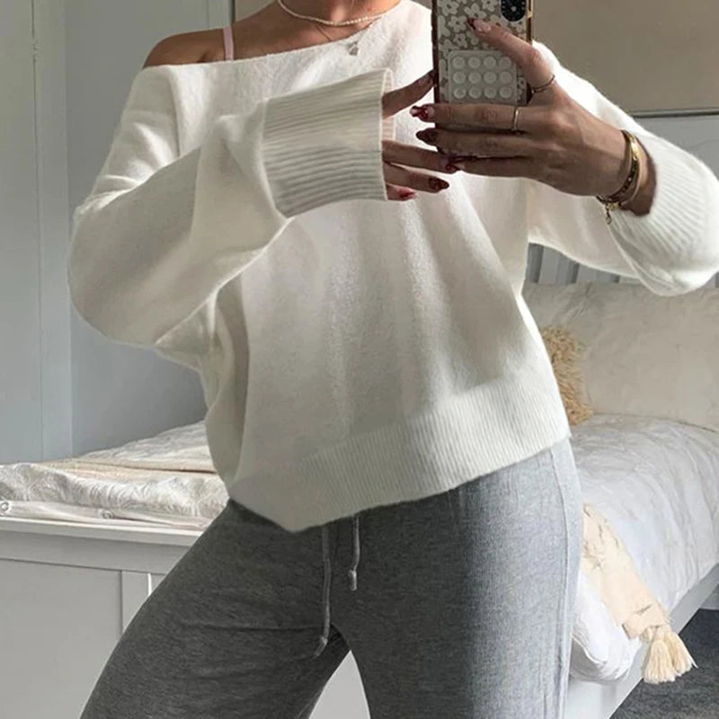 Skew Collar Knit Pullovers Loose Sweaters All-match 's