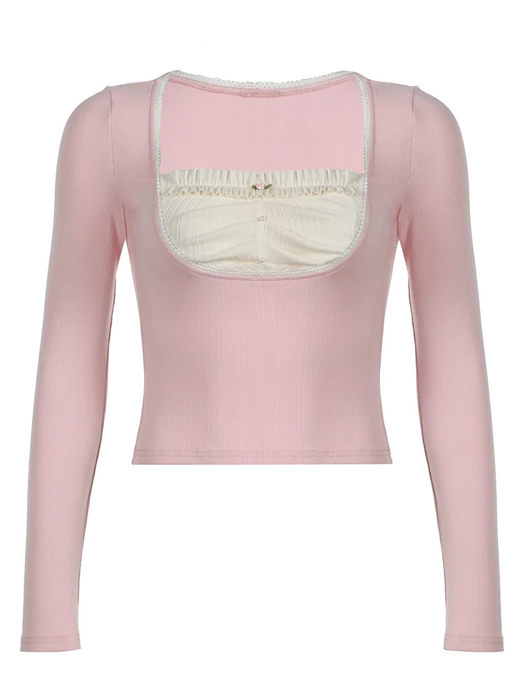 Square Collar Pink Tee Shirts Long Sleeves Kawaii Crop Top Preppy