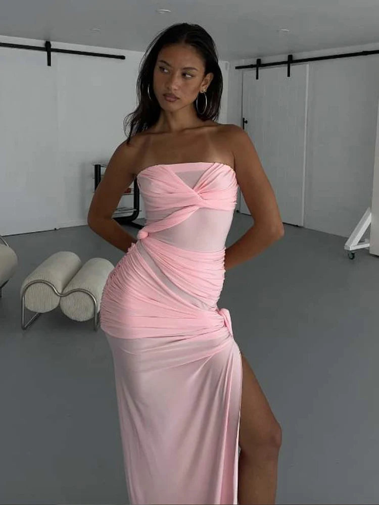Backless Dress Ruched Chest Wrap Cross Bandage Sleeveless Tassel Street Slits Long Bodycon