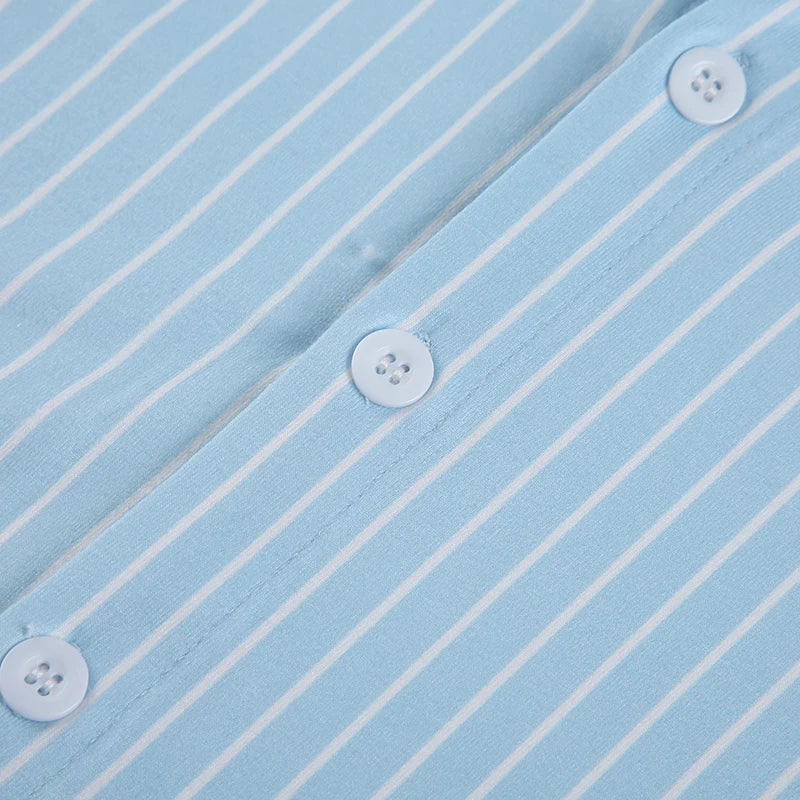 Blue Stripe Short Sleeve Shirts Button Up Turn Down Collar Slim Preppy Tops Basic Tees