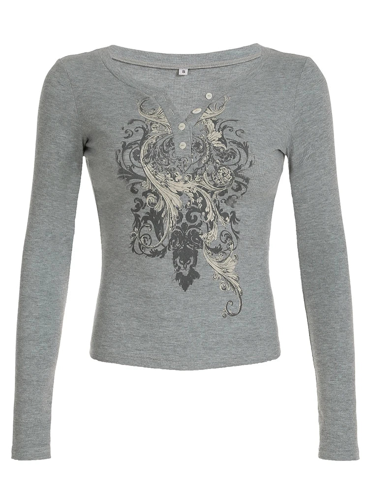 Graphic Slim Top Tee Long Sleeve Crewneck Grey Fairycore Shirt