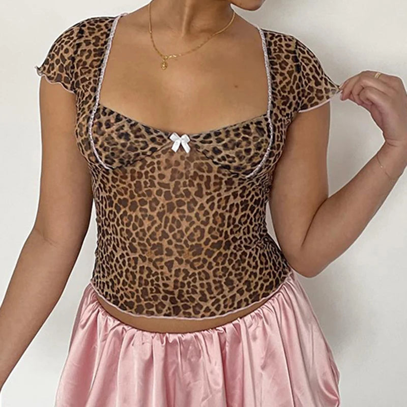 Transparent Mesh Tshirts Short Sleeves Slim Cropped Slim Leopard Tees