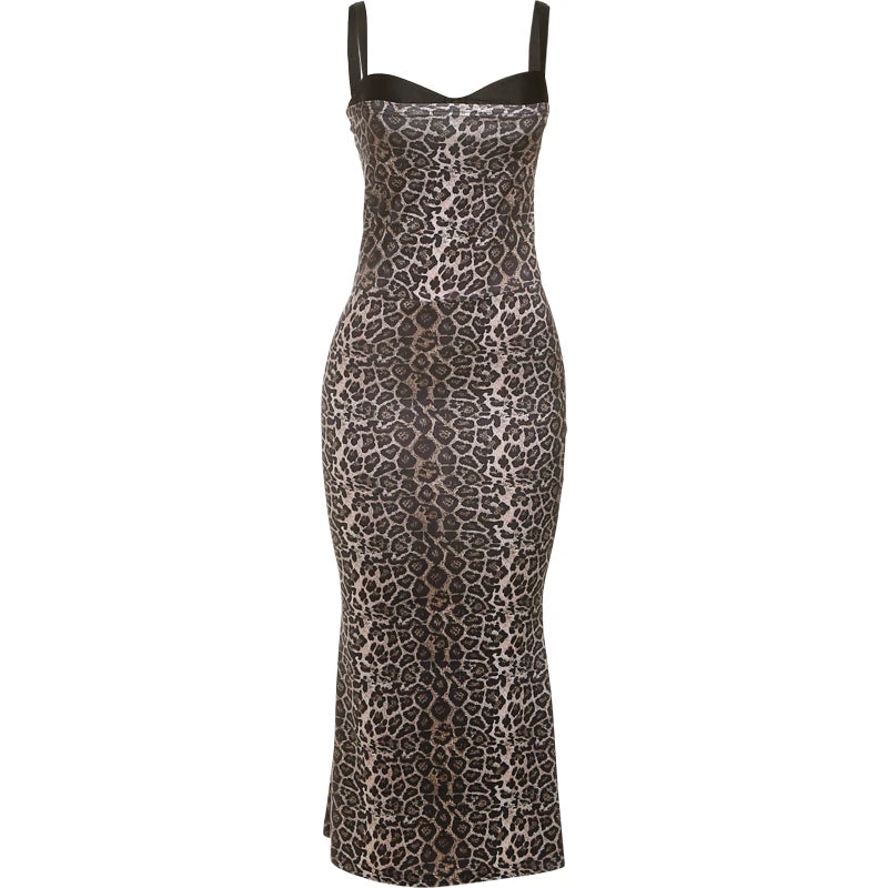 Leopard Print Dress Midnight Square Collar Backless Sleeveless Hipster Classic Long Bodycon