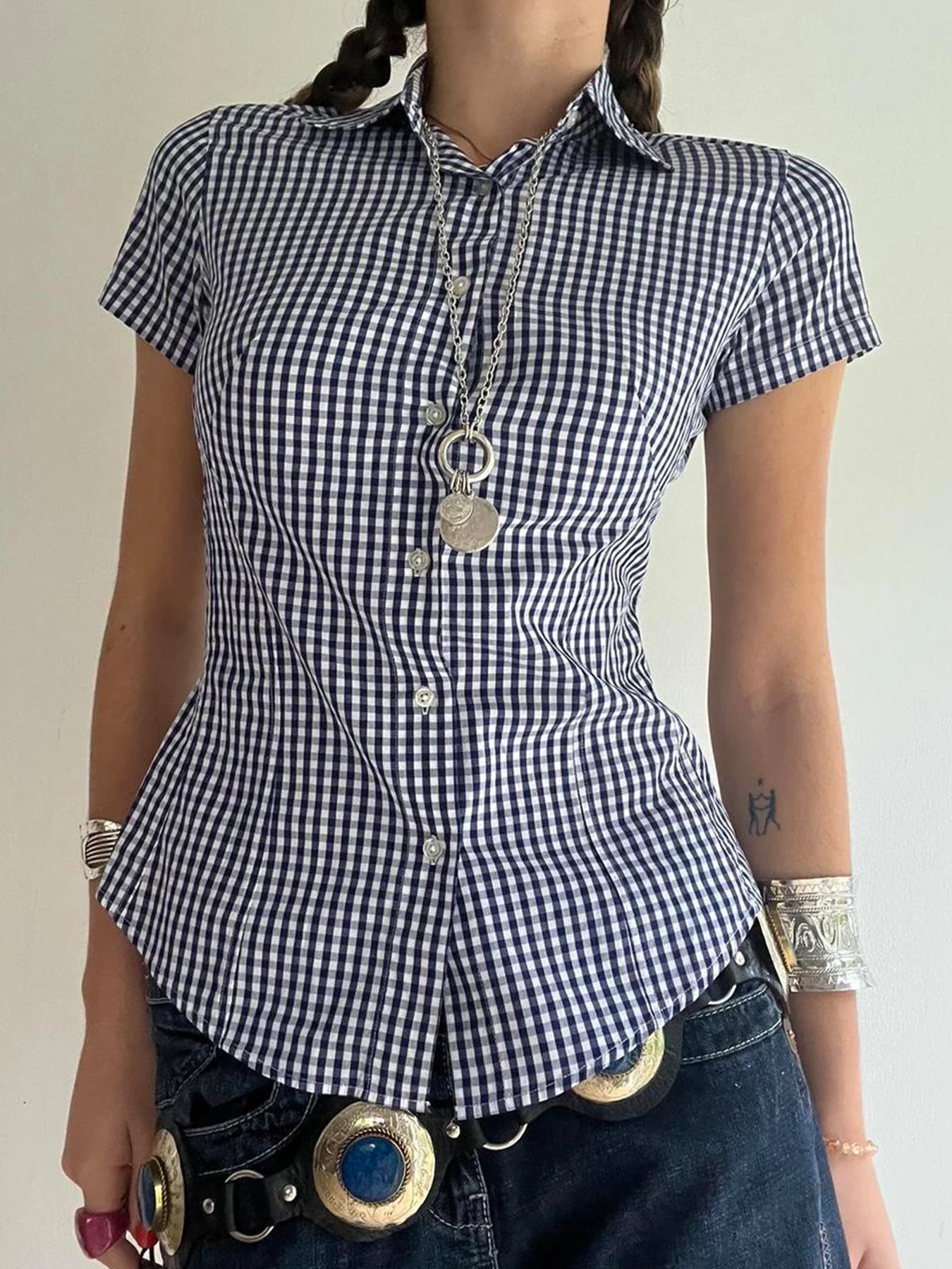 American Retro Short Sleeve Plaid Shirts Button Up Turn Down Collar Preppy Tops