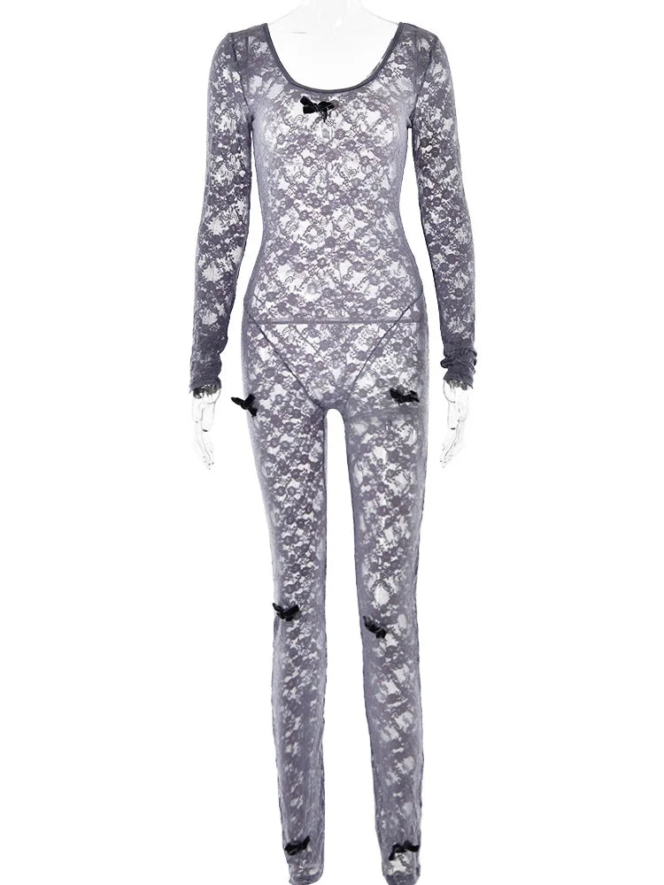 Lace Transparent Thin Solid Jumpsuit Long Sleeve Slim Fit Sheer Night Street Jumpsuit