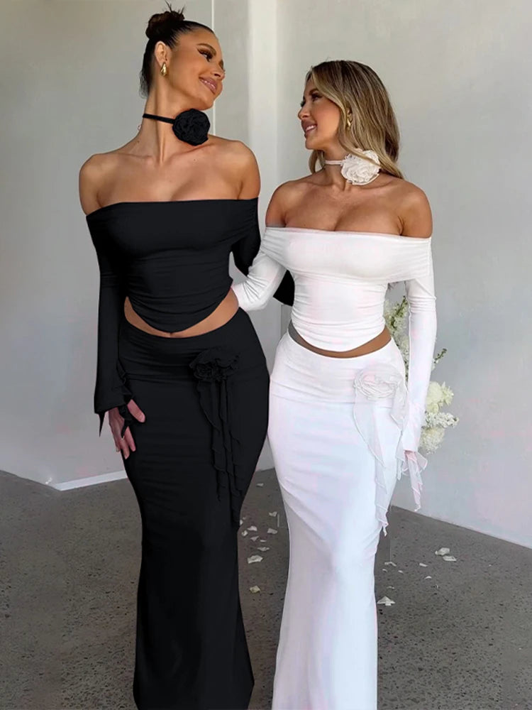 3D Flower Off Shoulder Crop Top Maxi Skirt Set