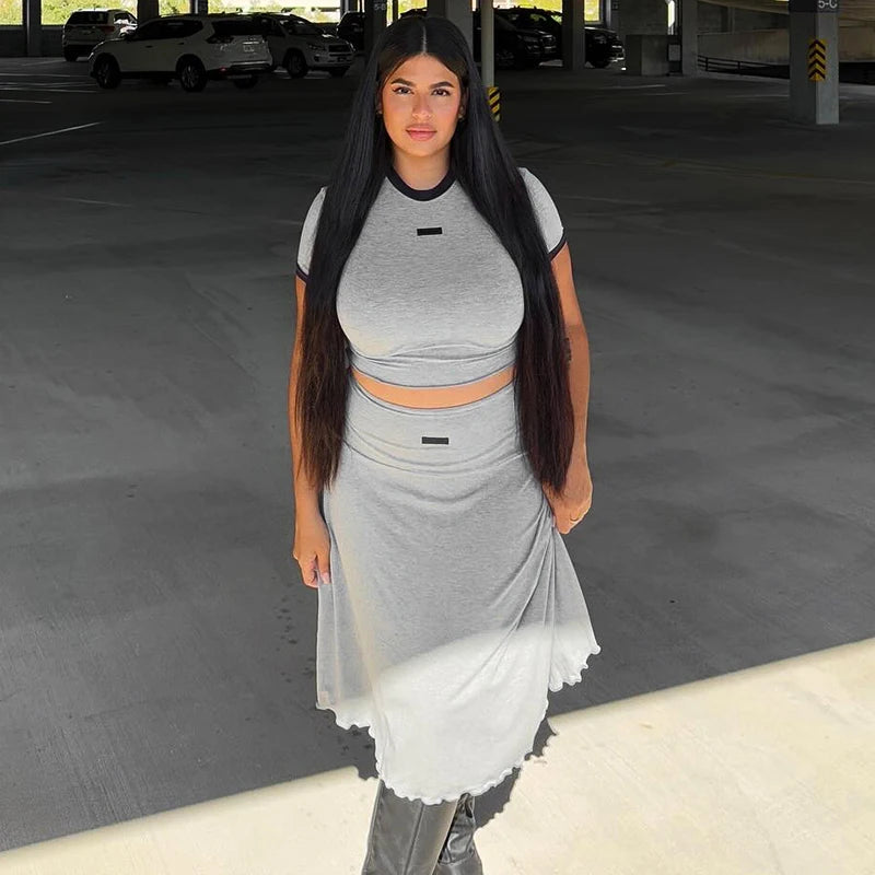 Half Skirt Set Round Neck Pullover Expo Navel Short-Sleev Top Roll Wait Pleat Mium Skirt Set