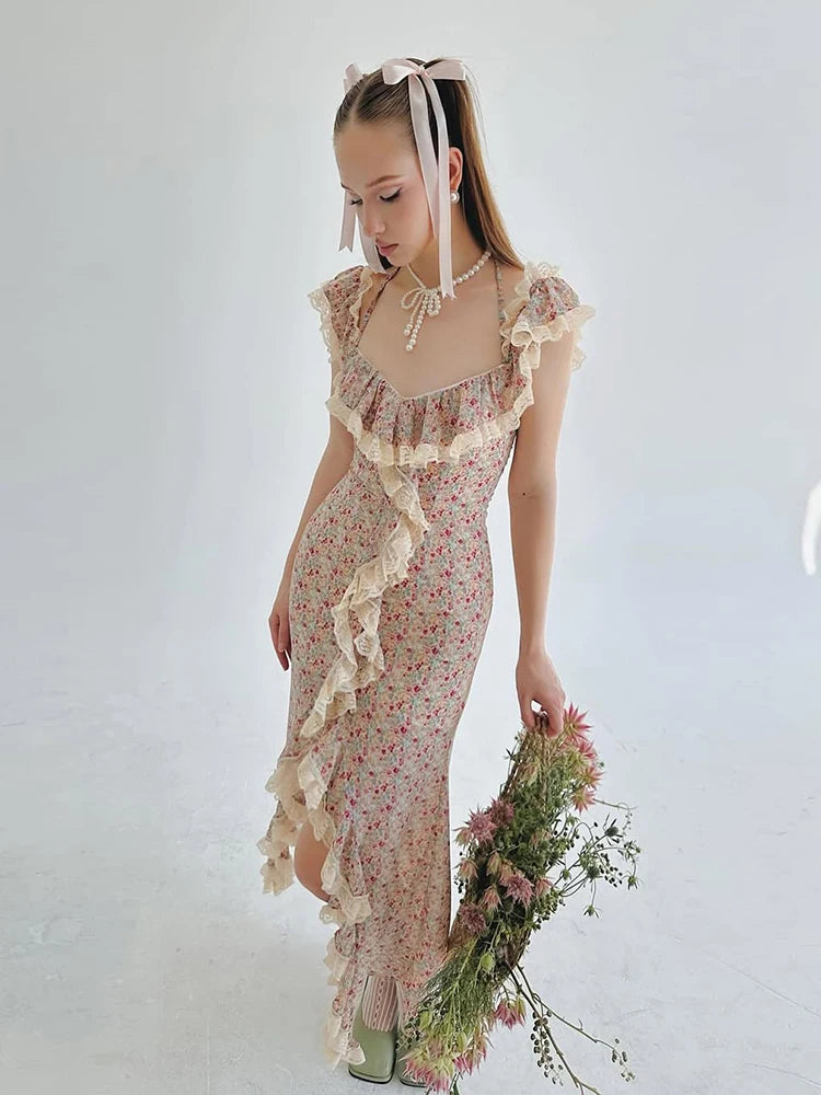 Colorful Maxi Dress High Split Patchwork Lace Folds Irregular Low-Neck Sweet Skinny