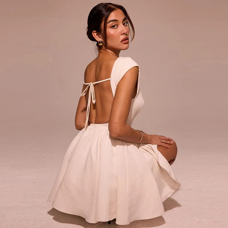 Backless A-line Dress Black Sleeveless High Waist Dress Slim