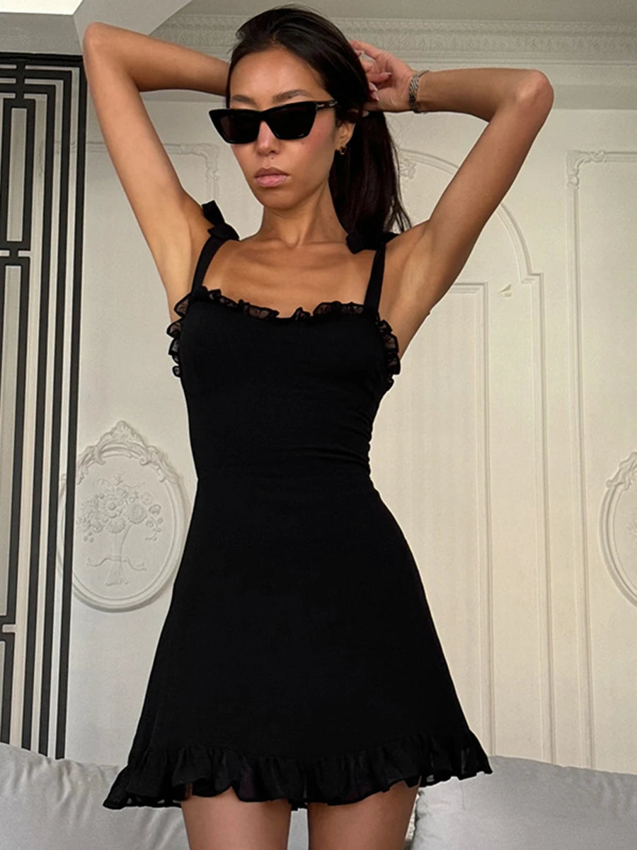 Lace Up Ruffles Backless Mini Dress