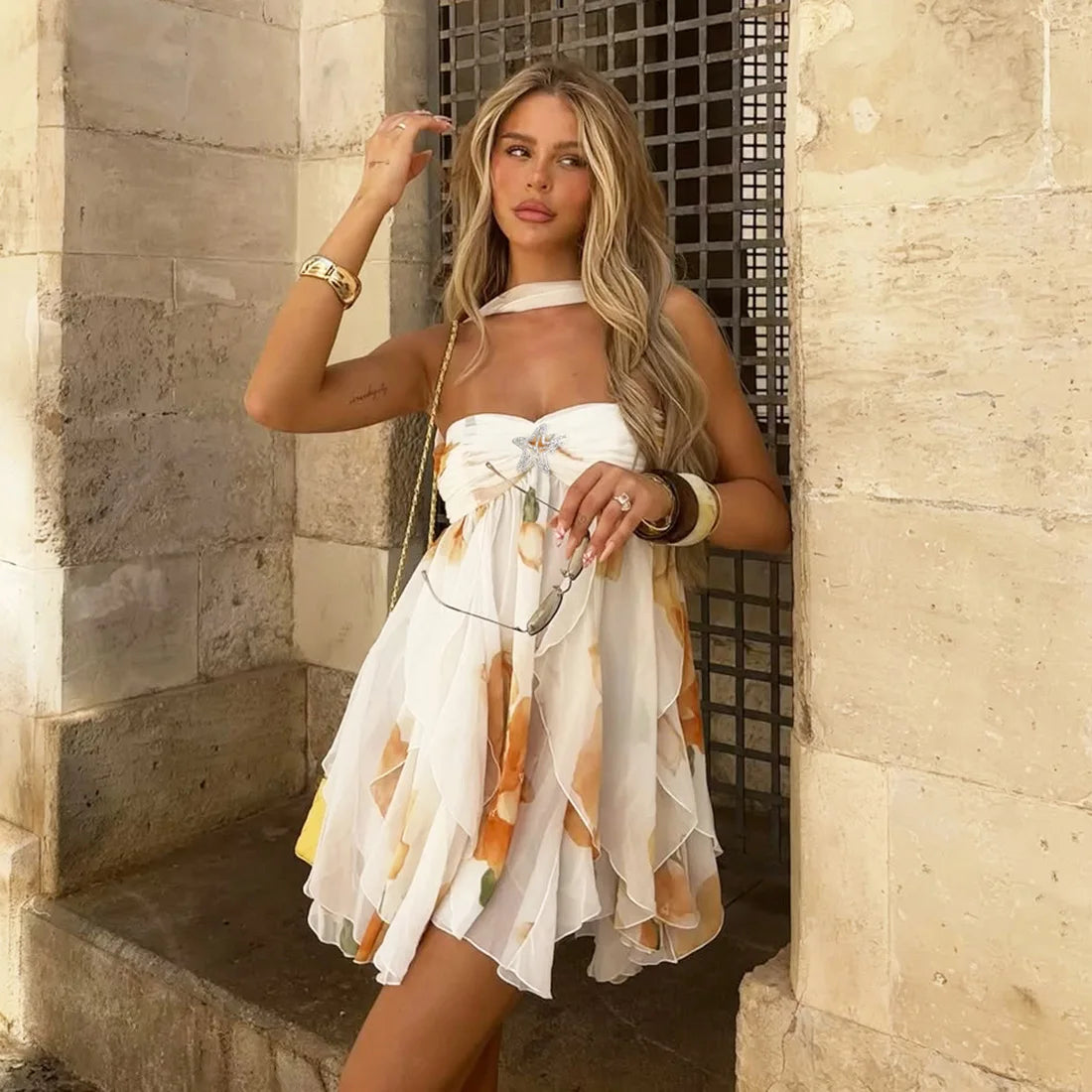 Floral Mesh Backless Strapless Mini Dress