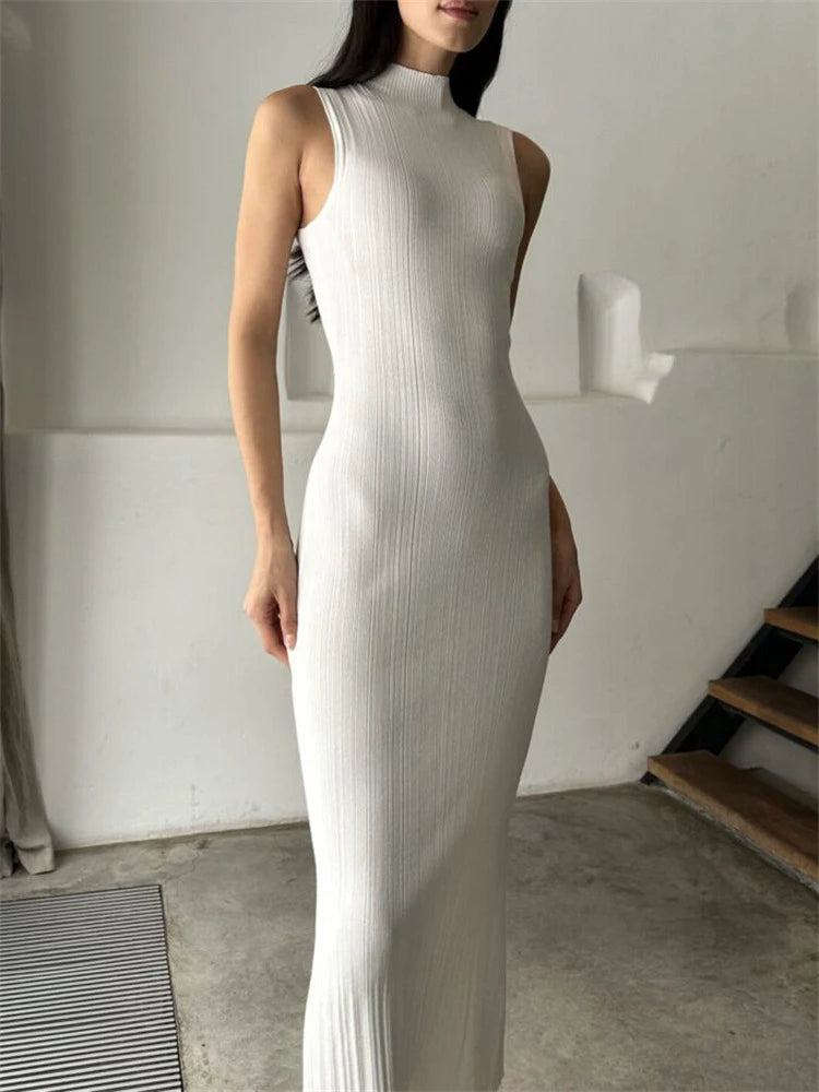 Sleeveless Knit Turtleneck Long Dress Slim Ribbed Knit Dress Maxi Dress