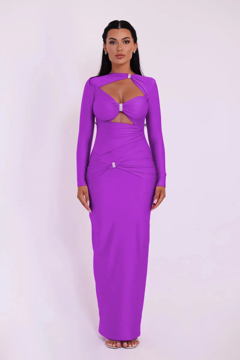 Hollow Out Long Sleeve Maxi Dress Solid Color Slim Fit Cut Out Long Dress