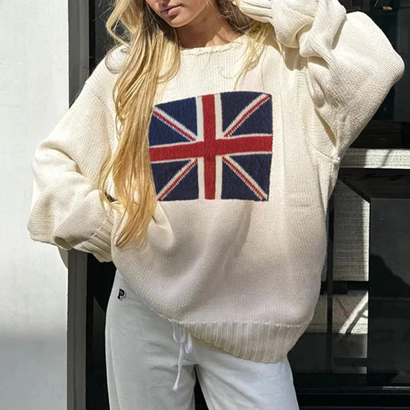Graphic Patchwork Knitted Sweaters Crewneck Loose Crochet Top Pullovers