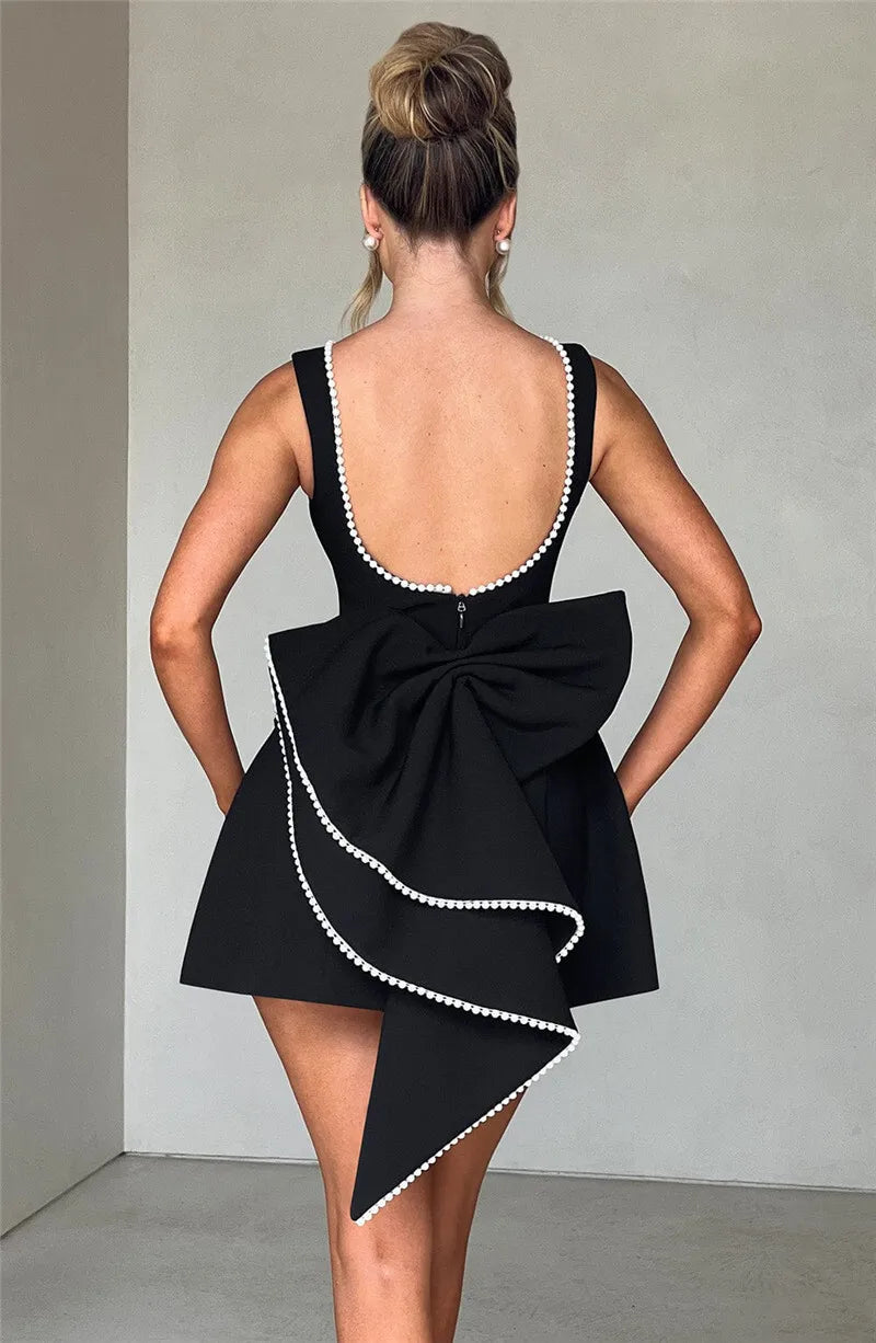 Pearl Bow Backless Mini Dress Zipper Sleeveless High Waist A-line Dress