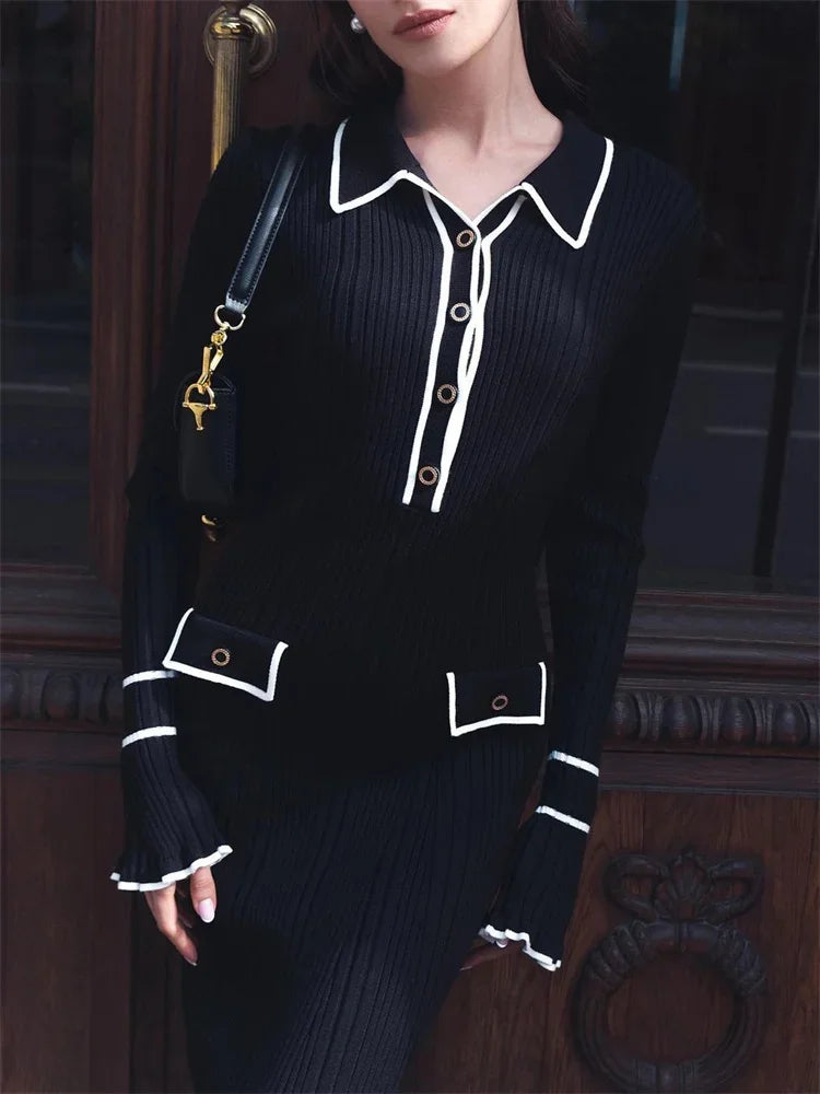 Knitted Mini Dress Ruffled Rib High Waist Dresses s Long Sleeve Banquet Dress