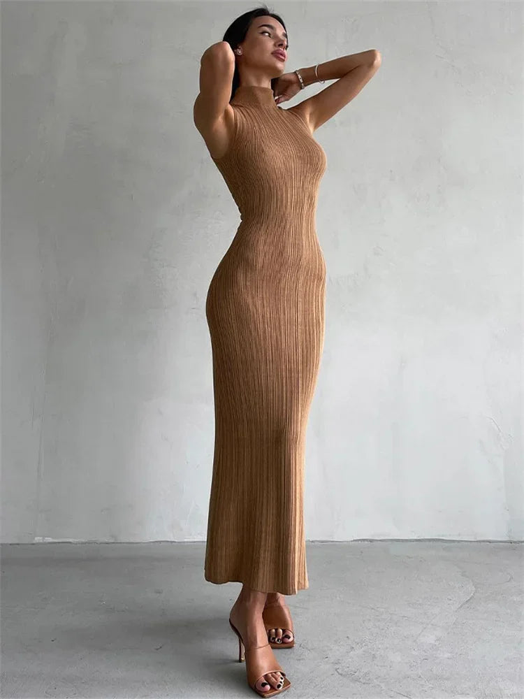Sleeveless Knit Turtleneck Long Dress Slim Ribbed Knit Dress Maxi Dress