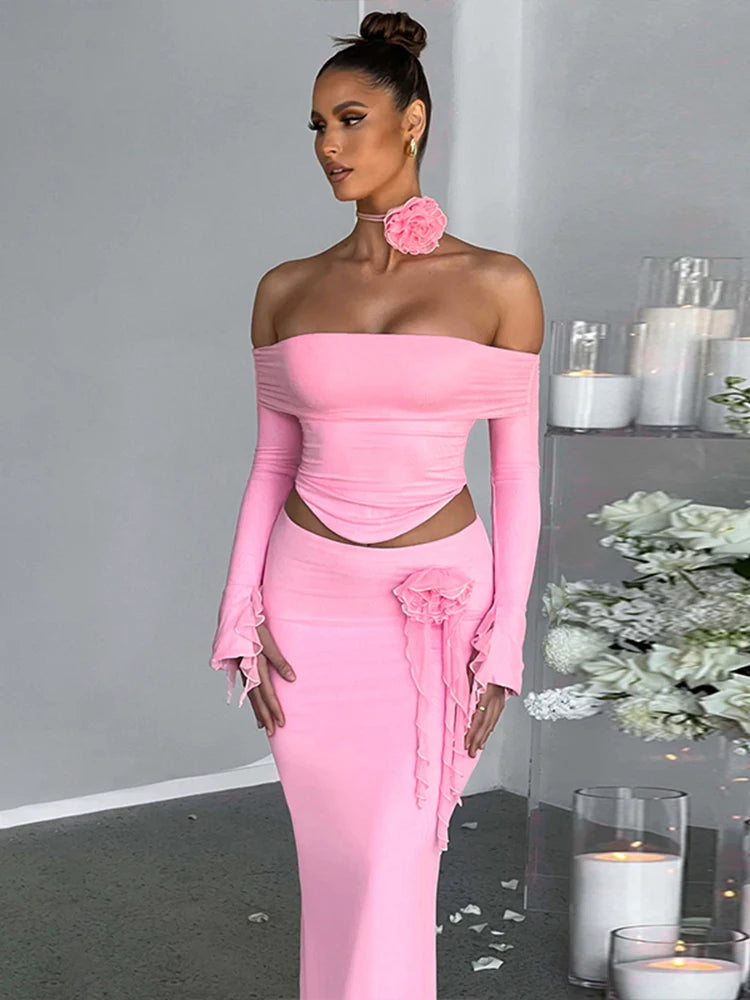 3D Flower Off Shoulder Crop Top Maxi Skirt Set