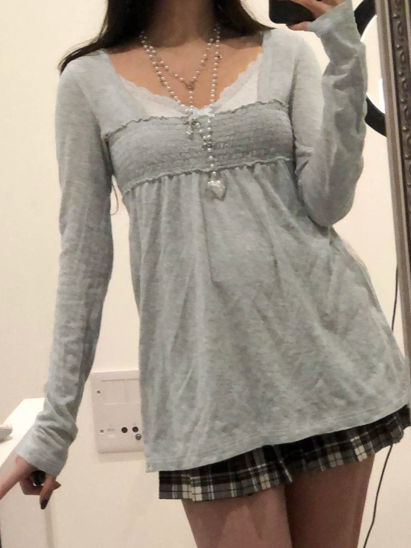 Lace Patchwork Square Collar T-Shirts Long Sleeved Top