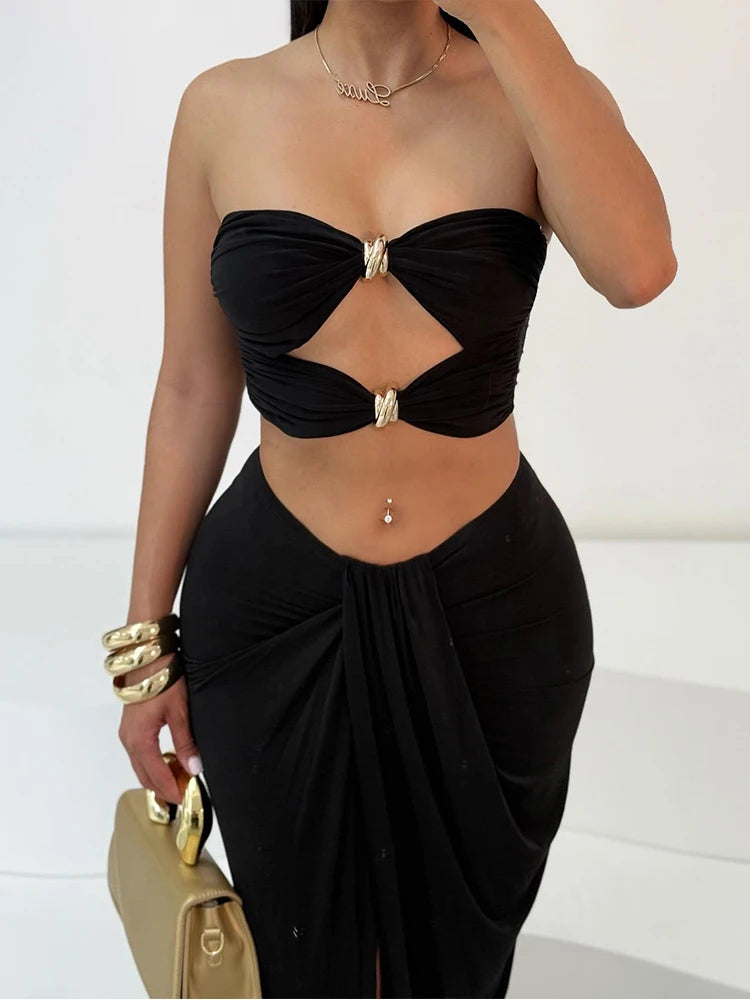 Shirring Matching 2 Piece Set Hollow Cleavage Mini Tank Split Maxi Skirt
