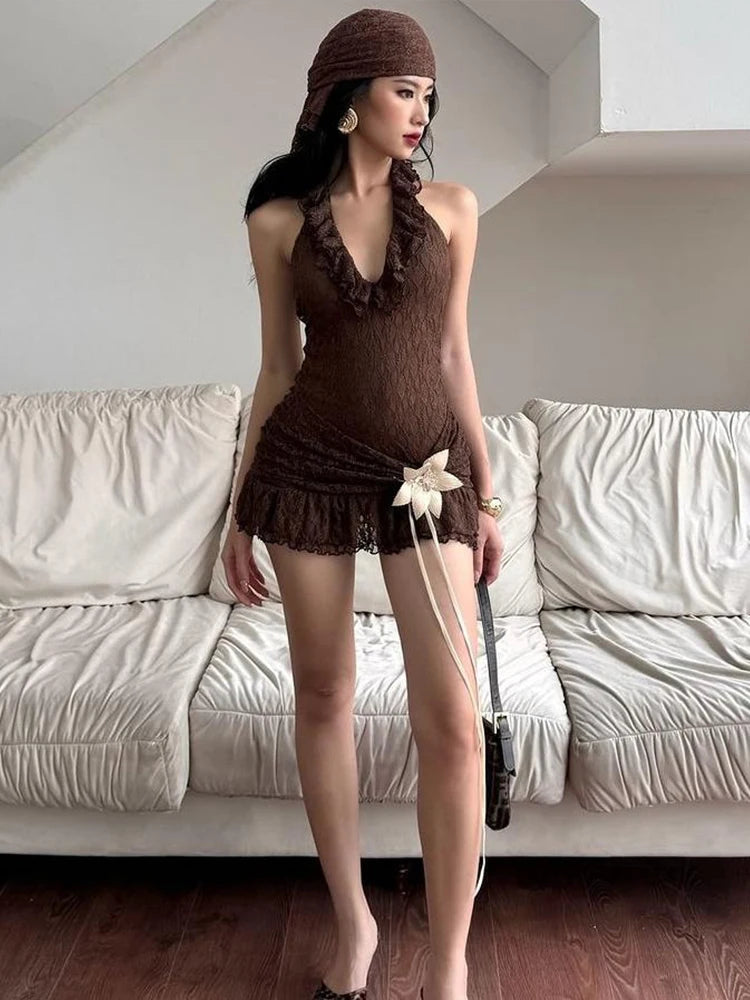 Lace Dress Halter Dark Lines Frenulum Flowers Applique Ornament Vogue Mini Bodycon