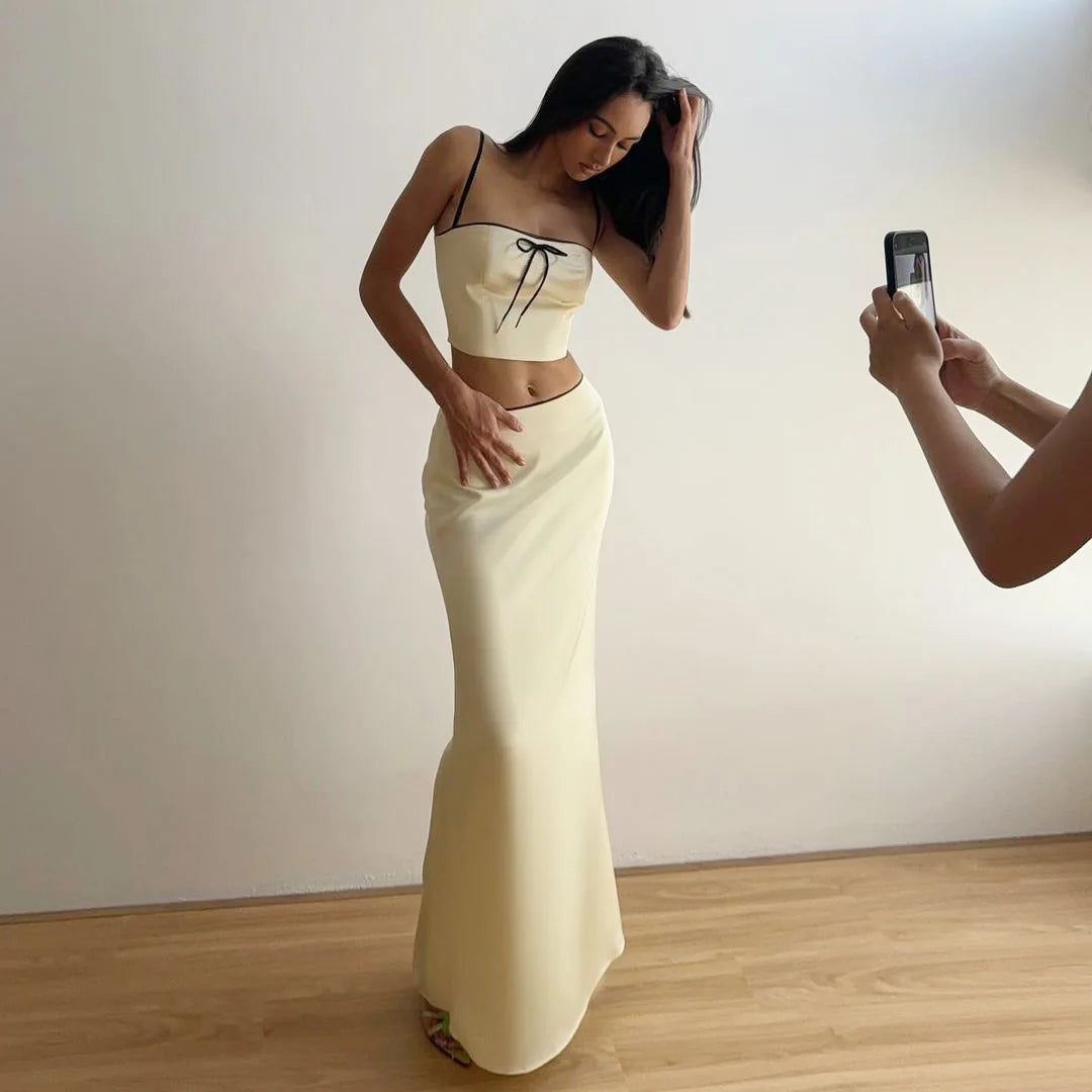 Apricot Satin Backless Crop Top and Midi Skirt Two Piece Set