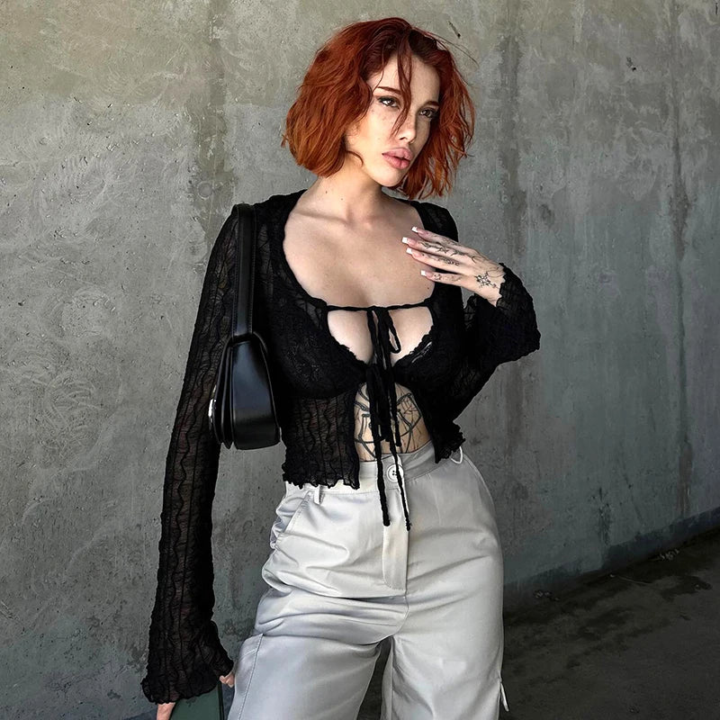 V-Neck Long Sleeve Lace-Up Slit Crop Top Wood Ear Hem Super Thin T-Shirt Caaul Cardigan