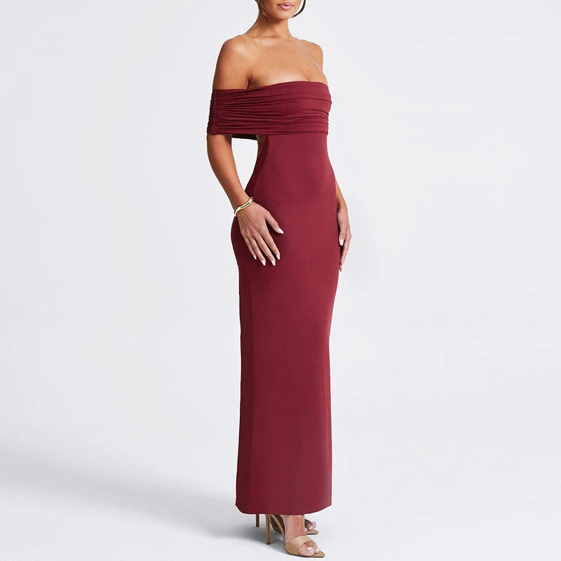 Slash Neck Sleeveless Backless Ruched Bodycon Maxi Dress