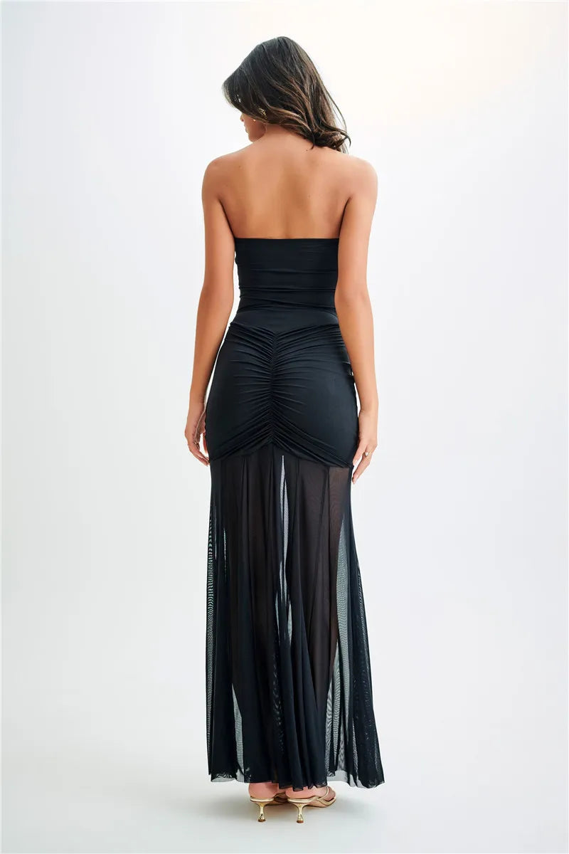 Off Shoulder Ruched Maxi Dress Apricot Backless High Waist Dress