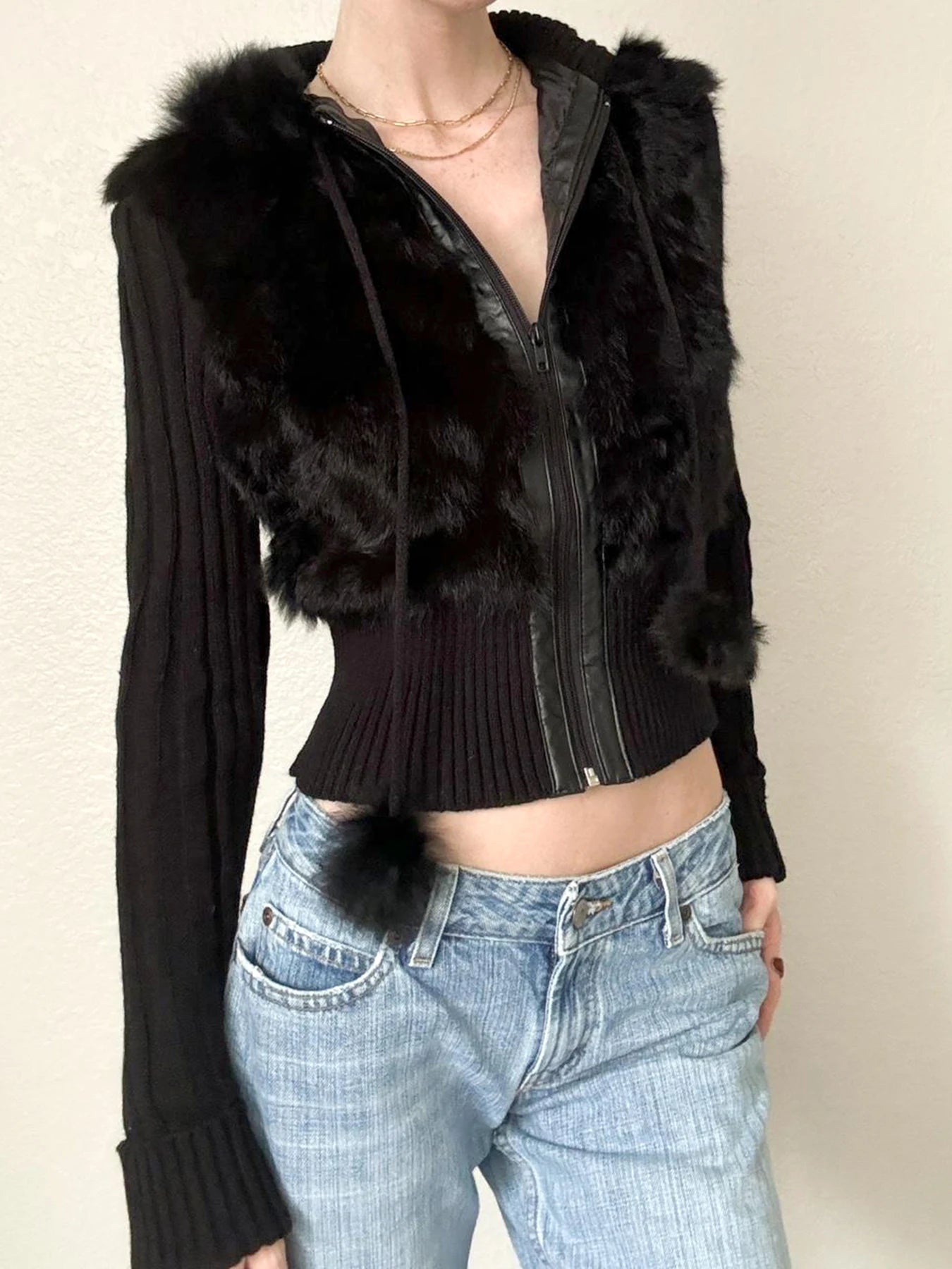 Zip Up Fur Patchwork Drawstring Hoodie Coats 's Jackets