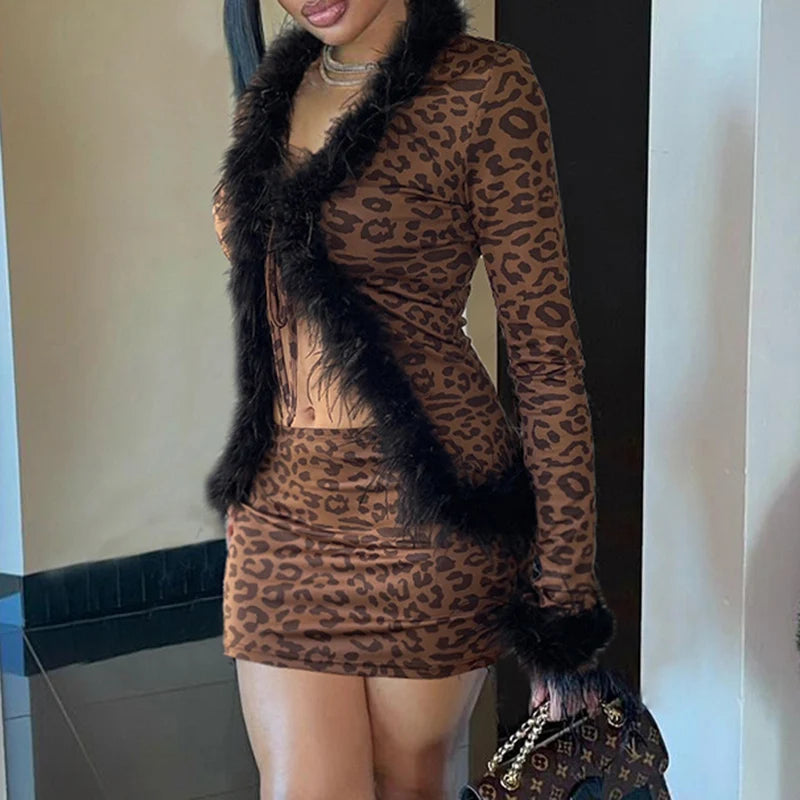 Leopard Print Two Pieces of Sets 's Lace-up Coats and Mini Skirts Long Sleeved