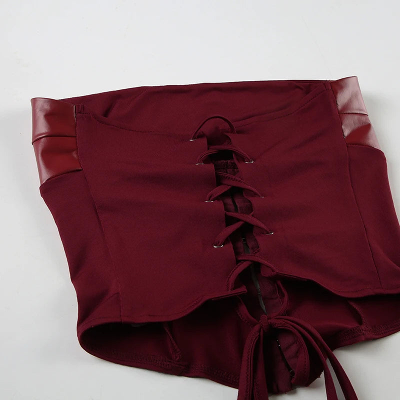 Red Leather Stitching Corset Top Lace-up Backless Mesh Transparent Tube Top Strapless Cropped Tees
