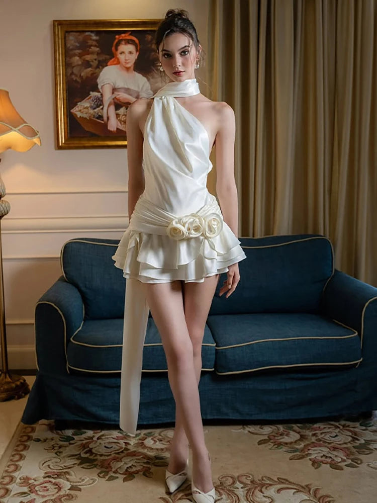 White Satin Backless Mini Dress