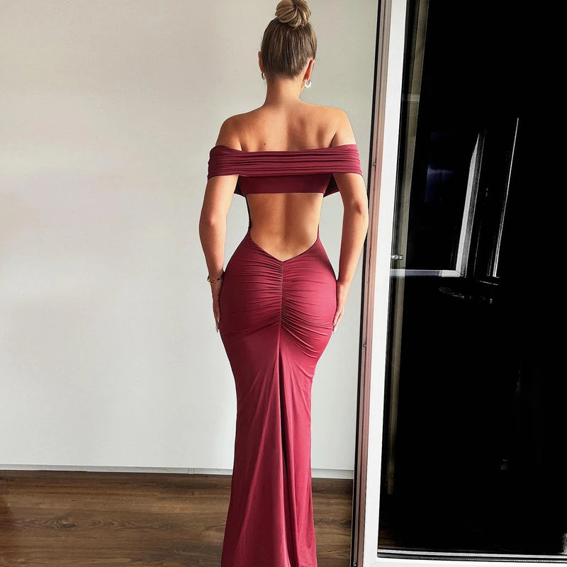 Slash Neck Sleeveless Backless Ruched Bodycon Maxi Dress