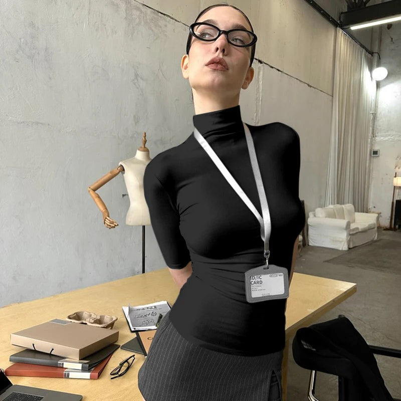 Spring And 'S Color High Neck Half-Sleeved Tight Slim al T-Shirt Top Commuter