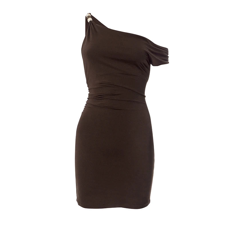 'S Spring And Diagonal Shoulder Asymmetric Beaded Slim Package Hip Mini Dress
