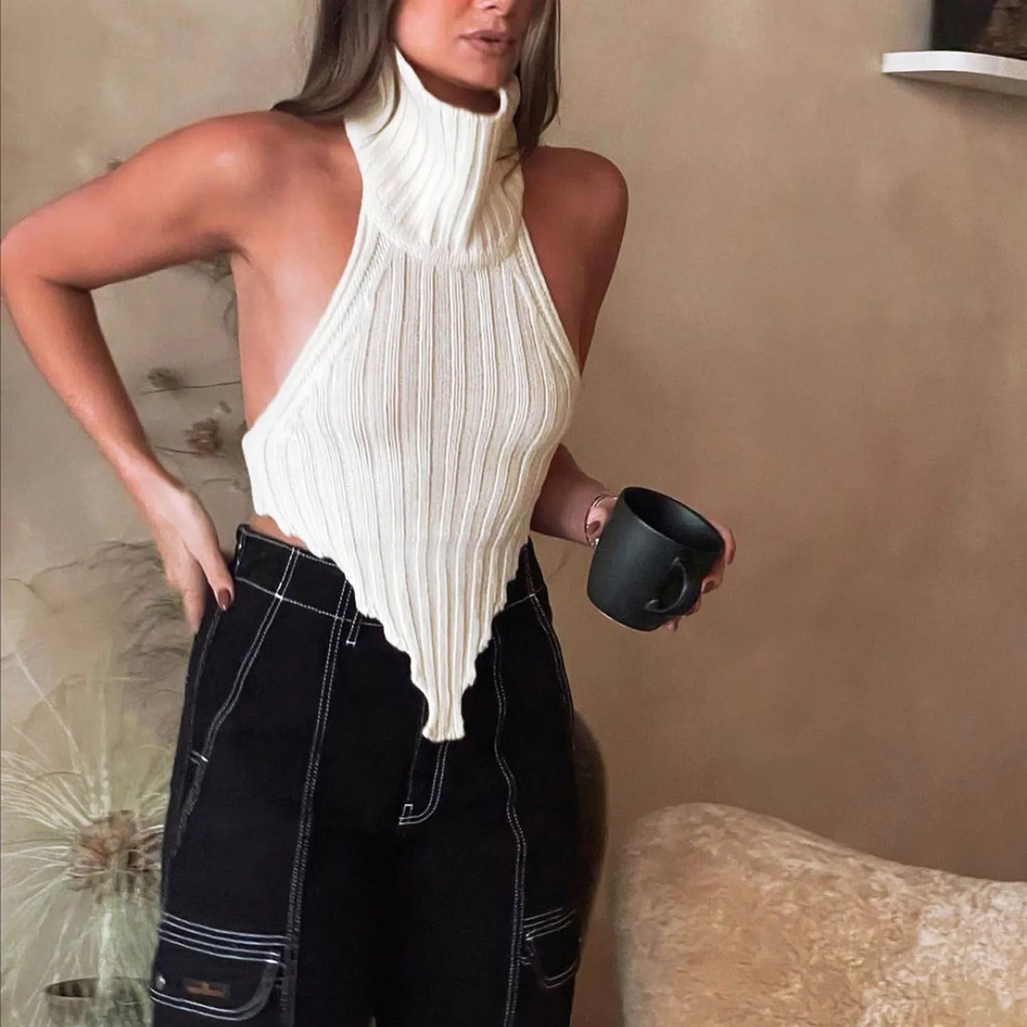 Knitted Turtleneck Sleeveless Backless Tank Top