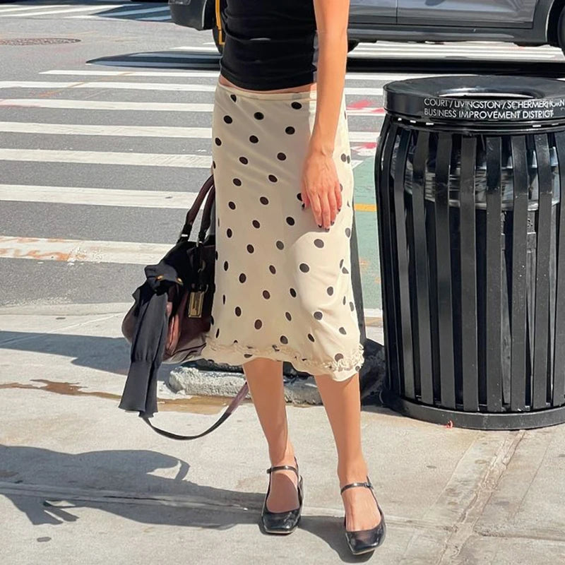 Beige Polka Dot Low Waist Midi Skirt