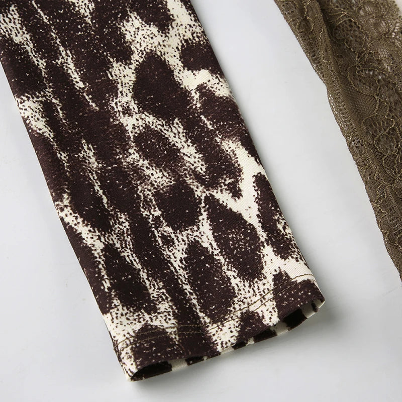 Leopard Print 's Top Tee Lace Patchwork Brown Slim Shirts Long Sleeves Crewneck