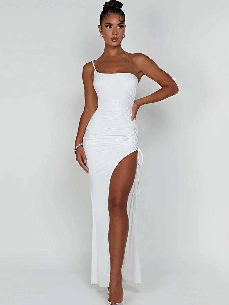 Drawstring High Slit Dress One Shoulder Slim Maxi Bodycon Pleated Dresses