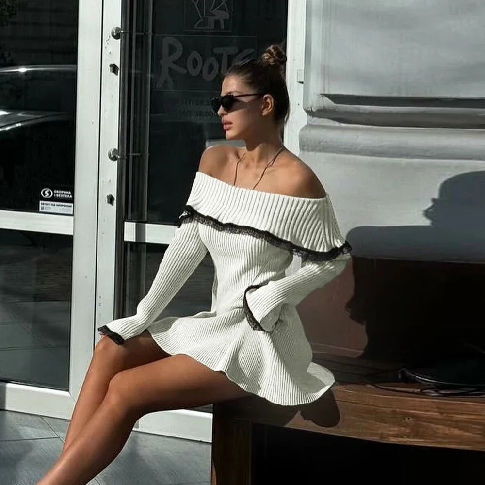 Off Shoulder Long Sleeve Knitted Mini Dress