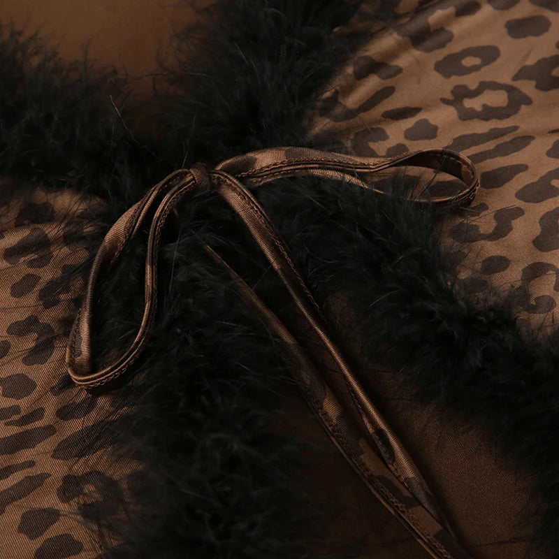 Leopard Print Two Pieces of Sets 's Lace-up Coats and Mini Skirts Long Sleeved