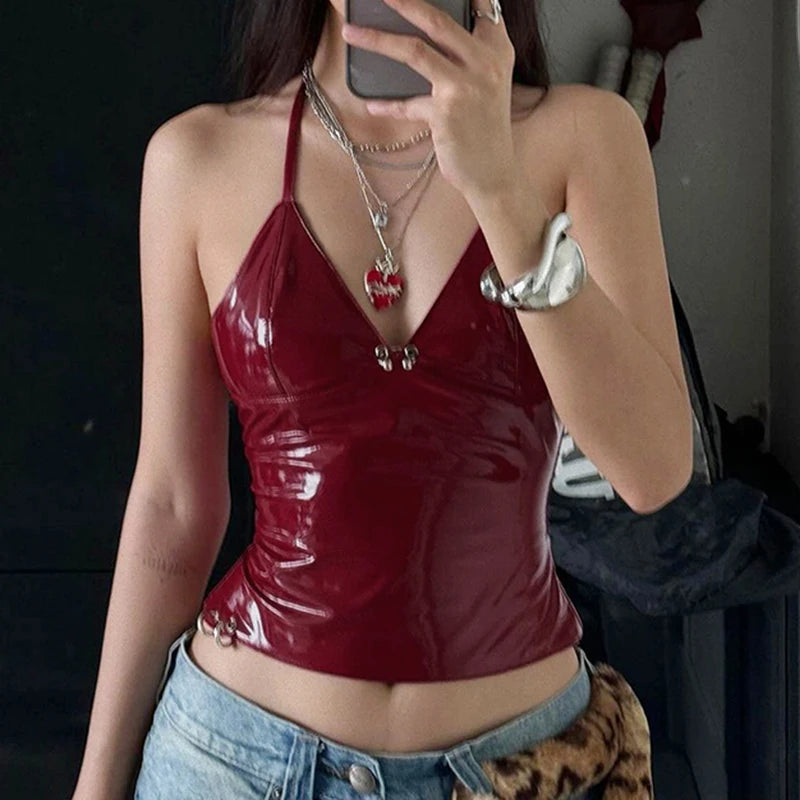 Halter V-Neck Sext Top Metal buckle Slim Backless PU Top