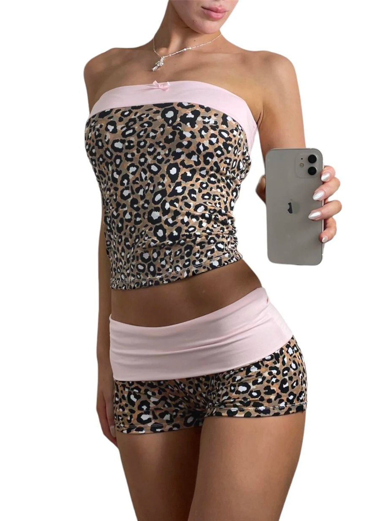 Leopard Patchwork Slim Two Piece of Set Tube Top and Low Wait Short Suit