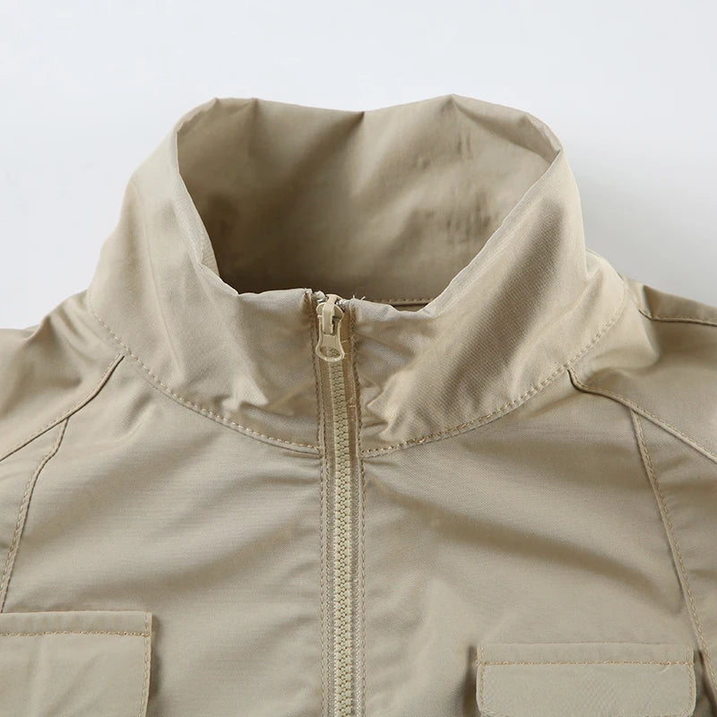 Patchwork Jackets Pockets Turn-down Collar 's Coats Zipper